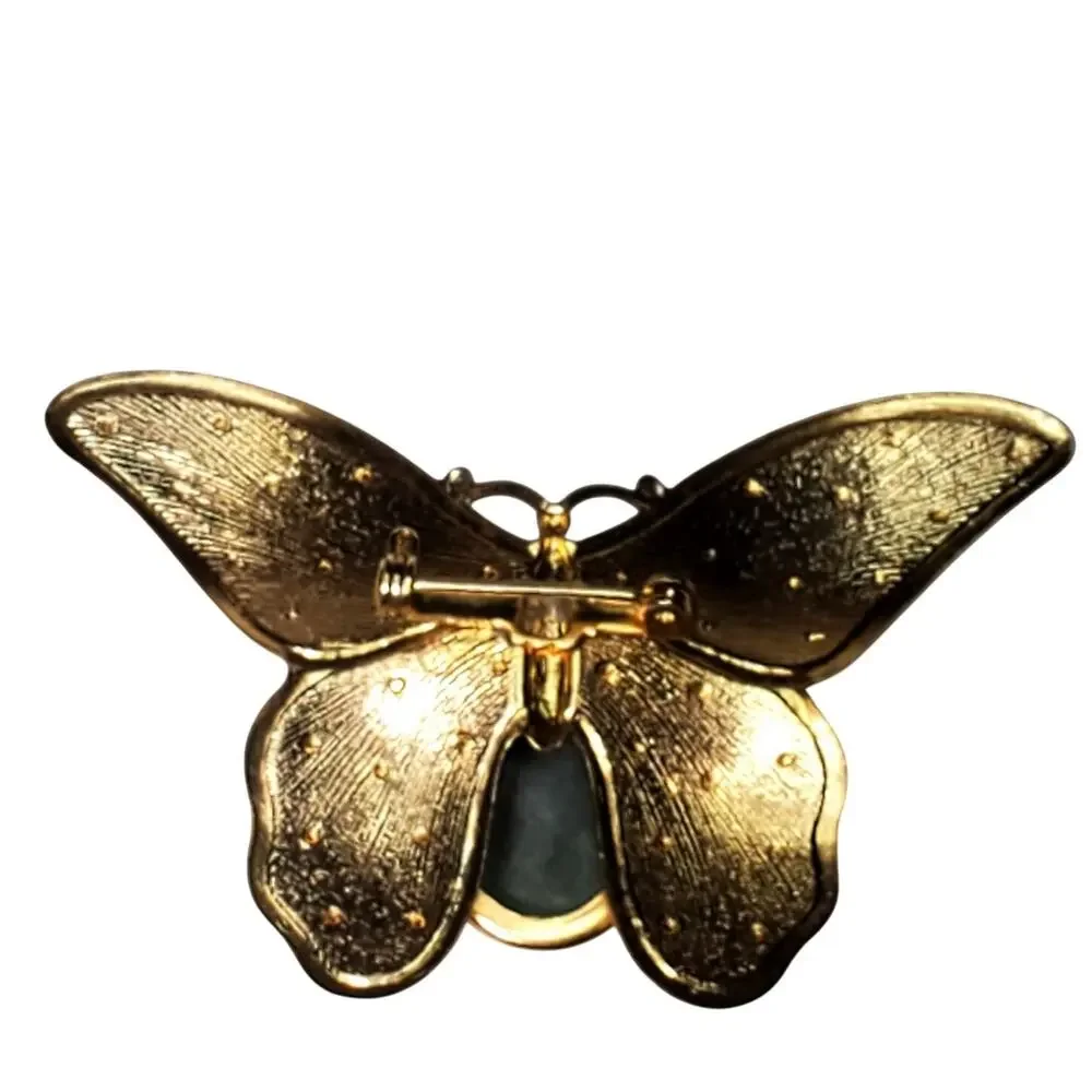 Vtg Green Agate Butterfly Insect Gold Tone Wings Brooch Pin 1.5